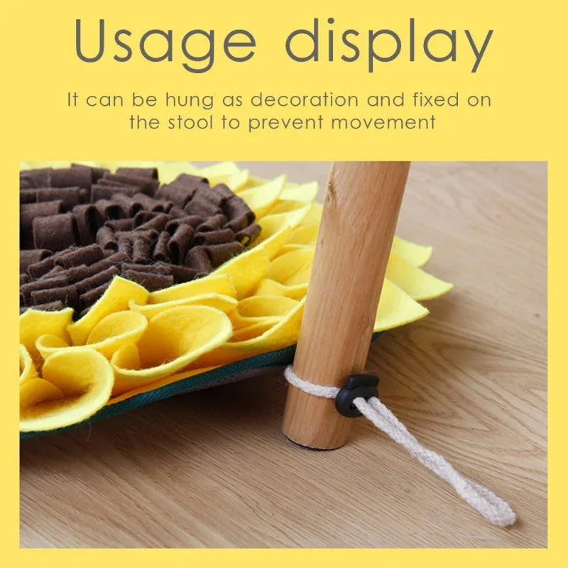 Yellow sunflower snuffle mat for dog nosework training with rope attachment