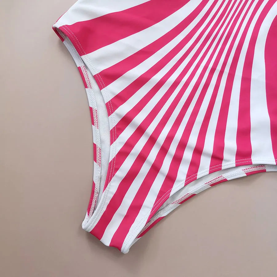 Women's pink striped one-piece swimsuit with front and rear digital print positioning