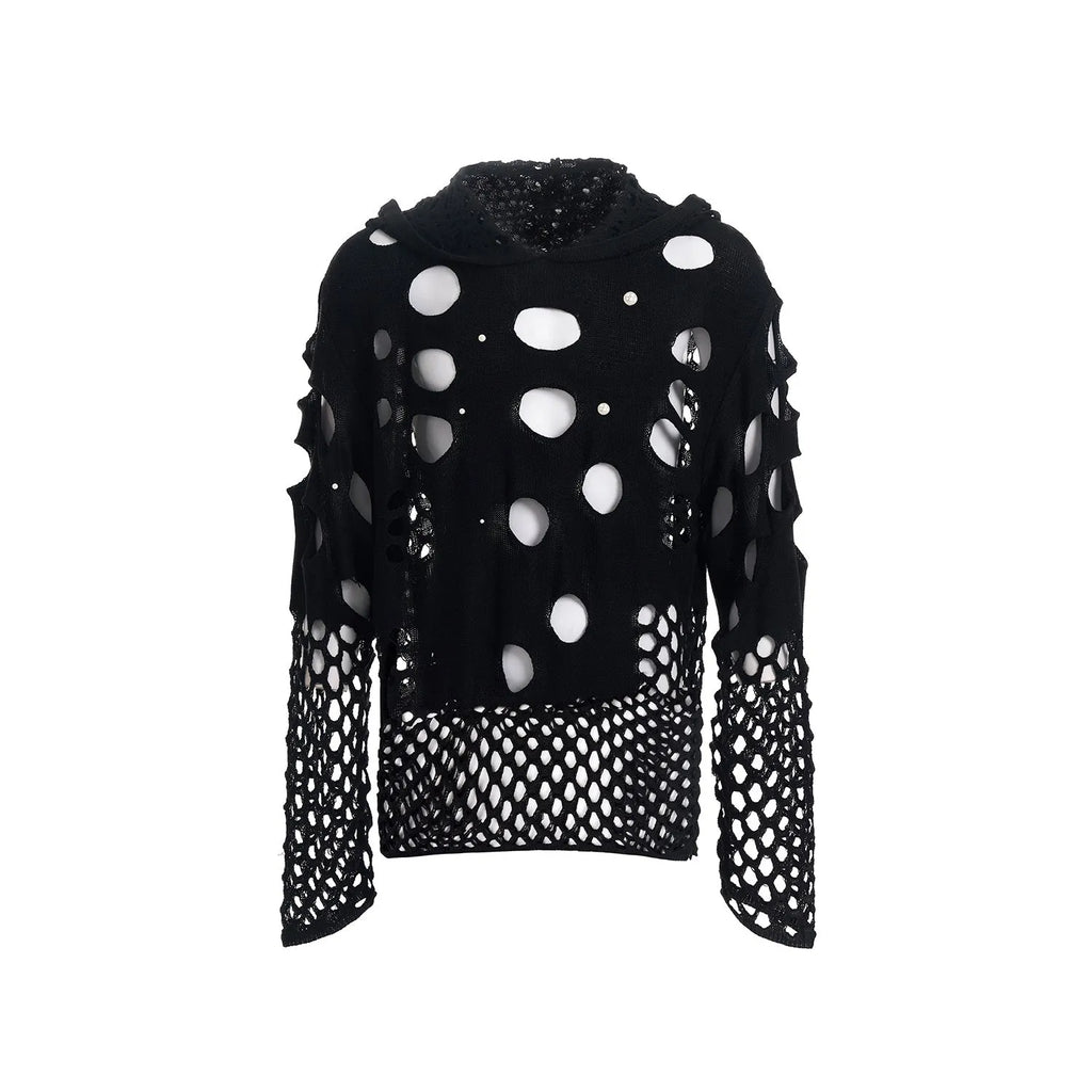 Black men's hooded sweater with pearl decorations, loose fit pullover design