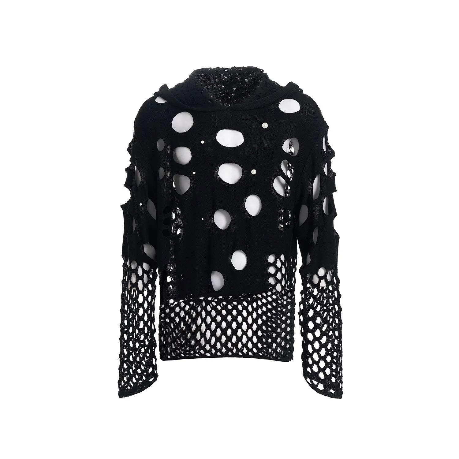 Black men's hooded sweater with pearl decorations, loose fit pullover design