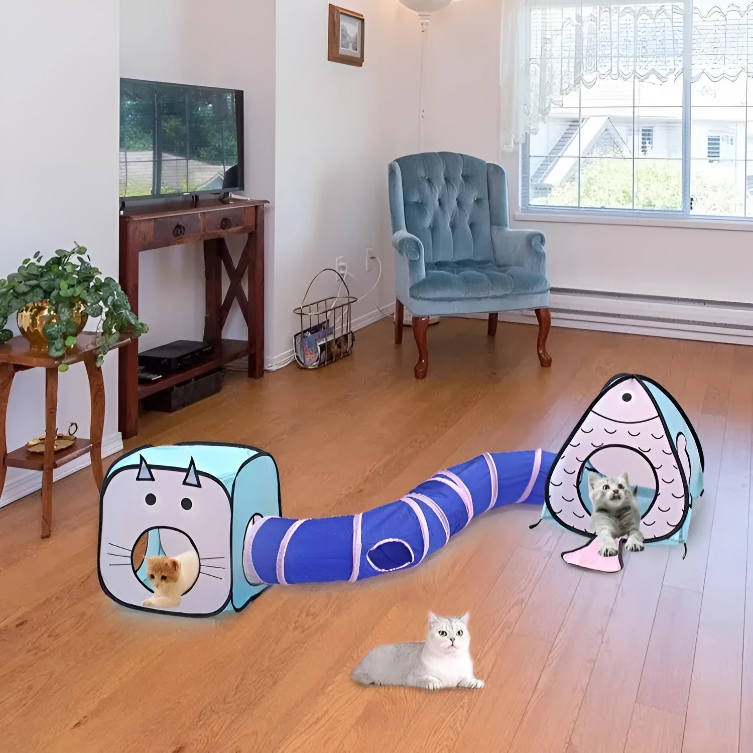 Foldable cat tent tunnel playhouse in cat and fish theme with collapsible PP construction