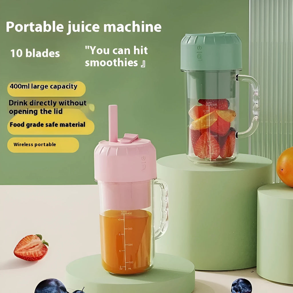 Portable USB mini juicer in avocado green or pink with multiple blade options on a countertop.