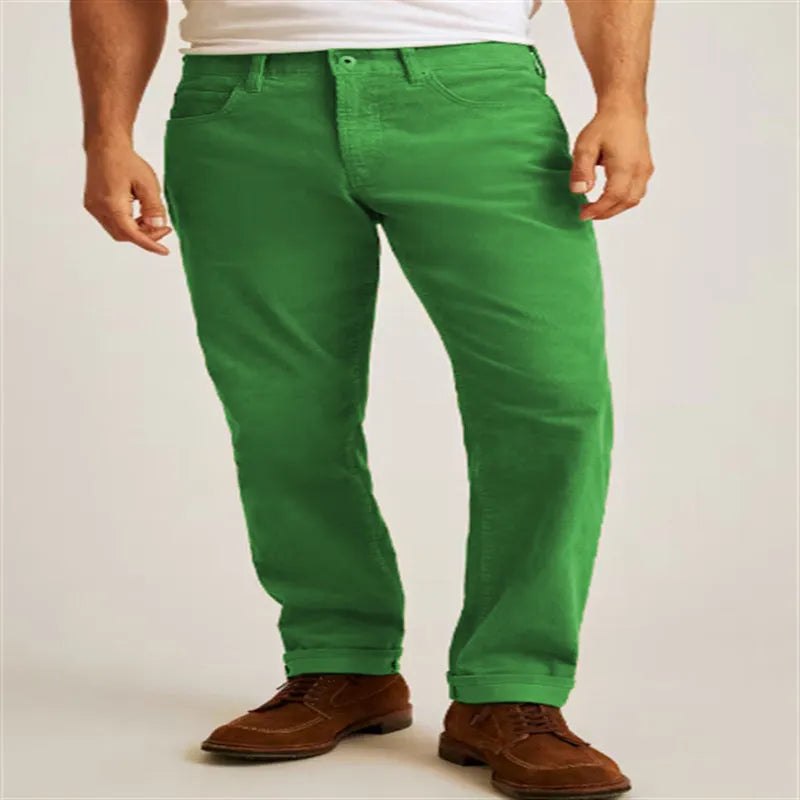Corduroy casual straight trousers in solid colours with mid waist and zip fly design