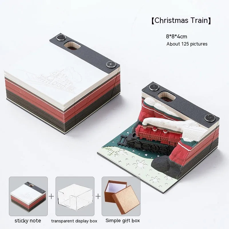 3D Sticky Notes pad with a carved paper Christmas Train design on the cover.