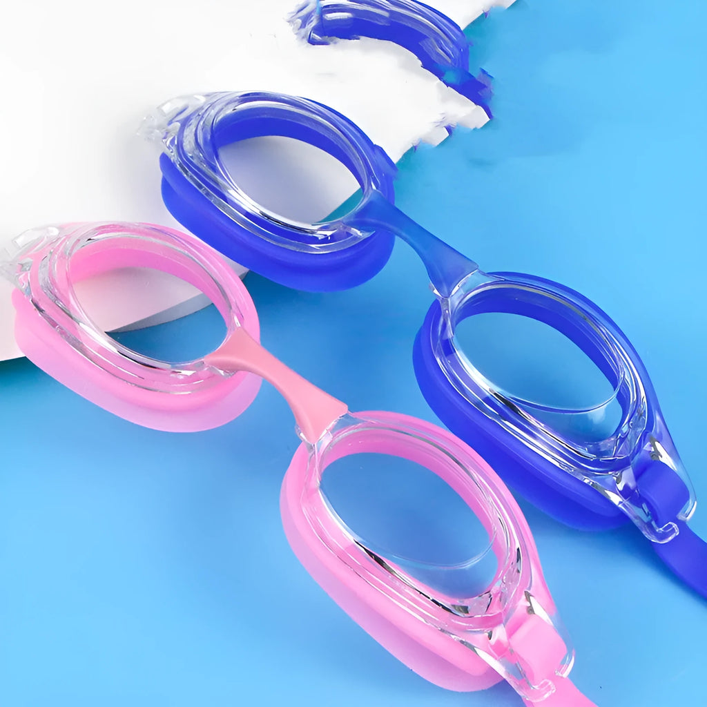 Black myopia swimming goggles with corrective lenses and a storage case on a blue background