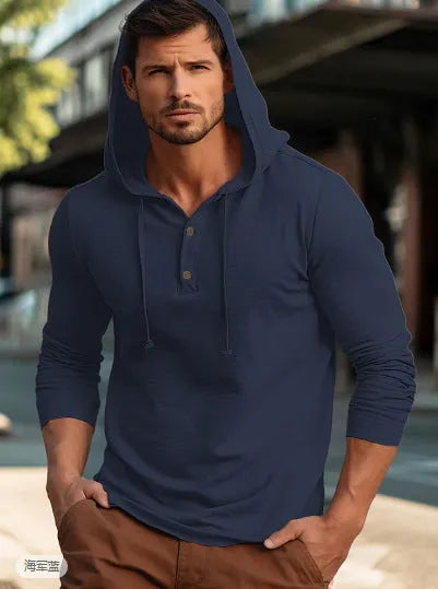 Casual cotton pullover hoodie in multiple colours, showing long sleeves and hood, sized for European and American fit.