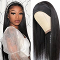 Headband wig in high temperature fibre showing black straight, black curly, and wine red colour options