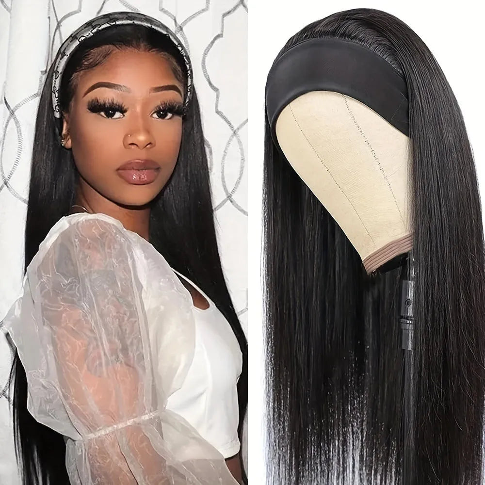 Headband wig in high temperature fibre showing black straight, black curly, and wine red colour options