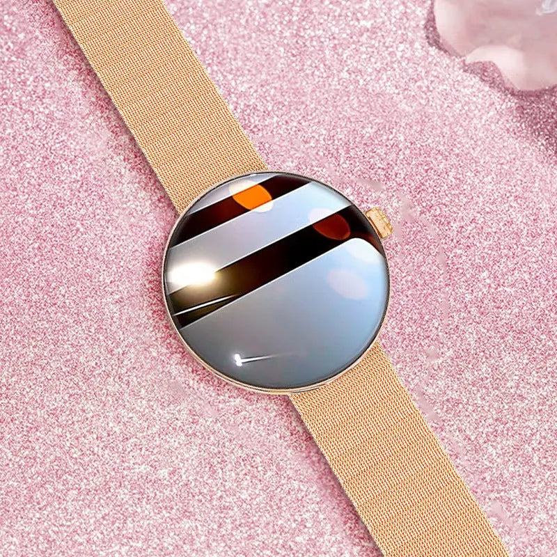 Smart watch for women with round colour screen and metal strap.