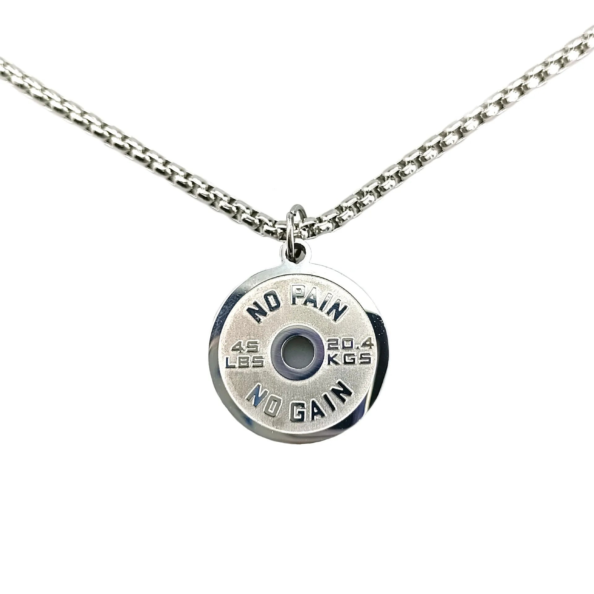 Polished stainless steel barbell disk necklace pendant with geometric design