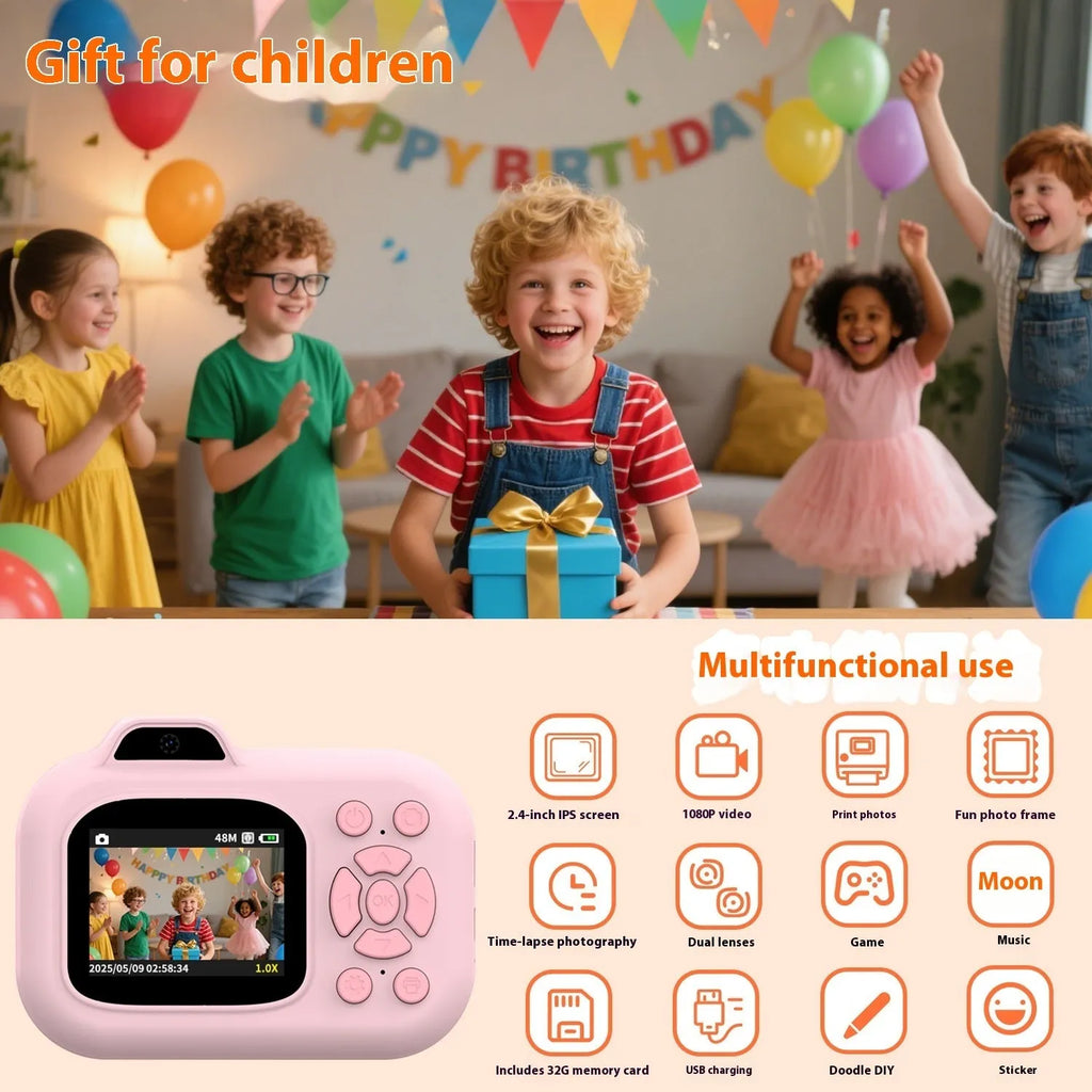 Children's digital toy camera in pink, blue, or purple with photography, video, games, and MP3 functions