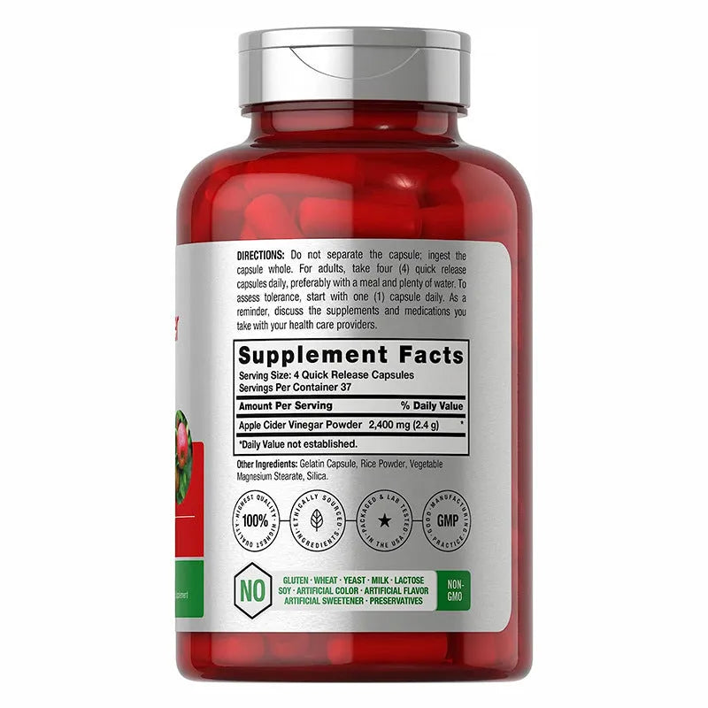 Apple cider vinegar health supplement capsules in container with 150 tablets