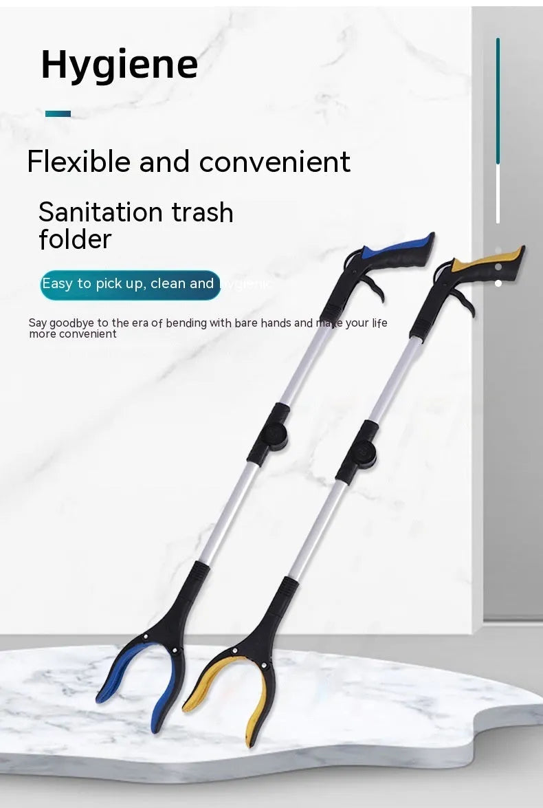 Foldable aluminium garbage clamp showing extended 80cm length and magnetic sucker attachment