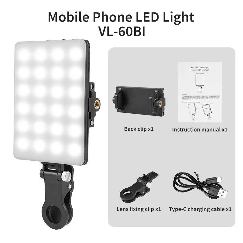 VL-60BI and VL-68BI LED pocket fill light with clip for mobile phones measuring 10.4x7.5x12.5cm