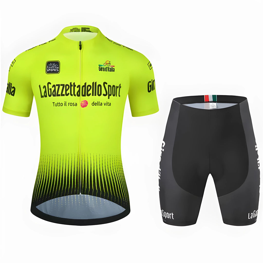 Cycling short sleeve suit in breathable polyester fabric shown in colour option A1