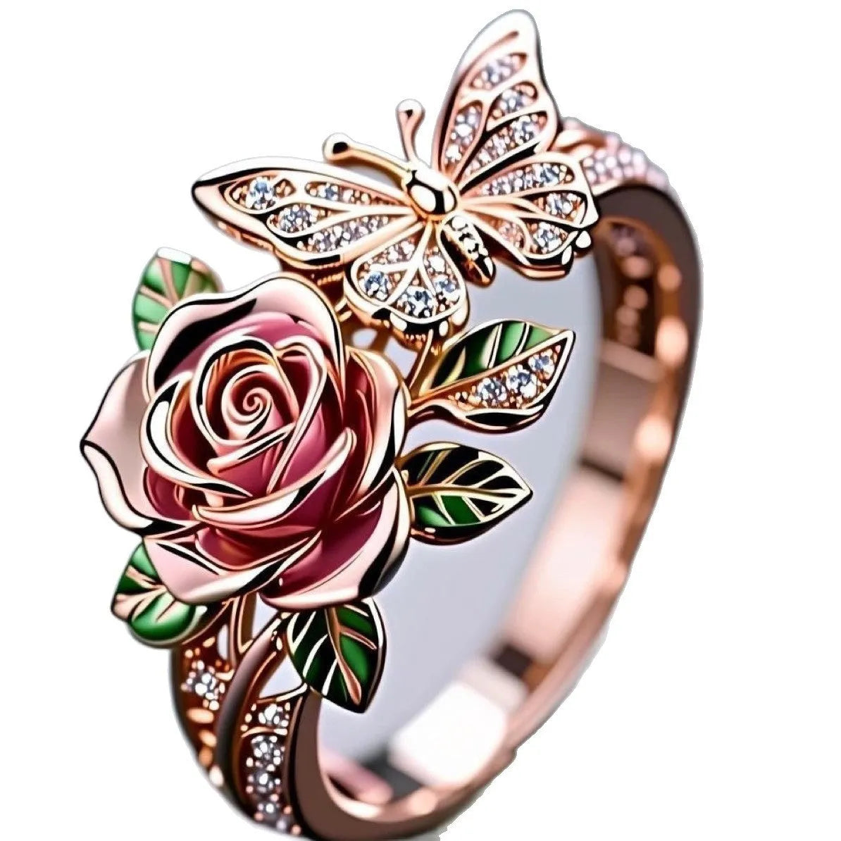 Adjustable butterfly personality ring with colourful oil drip finish showing rose and nature motifs
