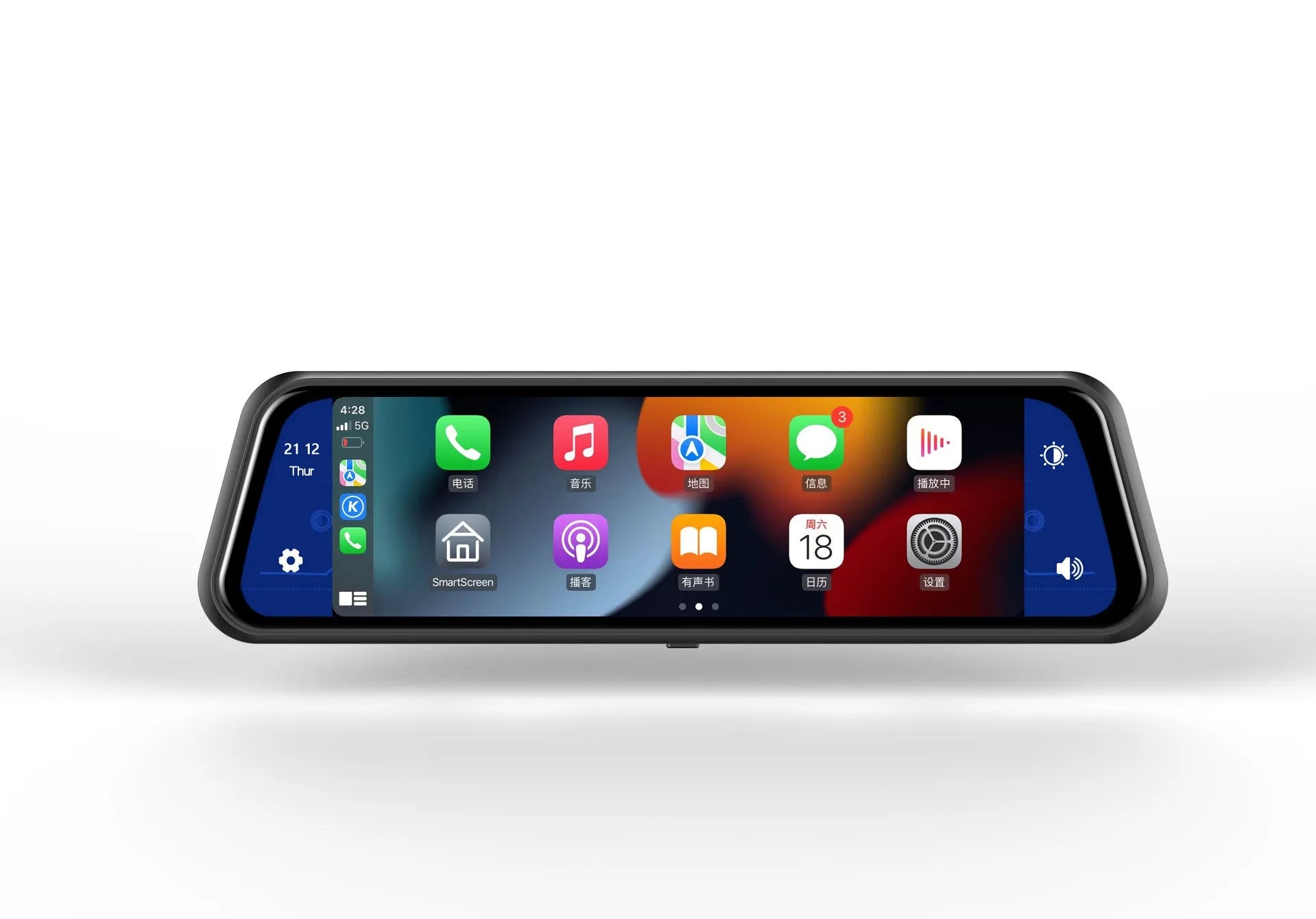 Black dual-lens driving recorder with 9.66-inch touch screen mounted on car rearview mirror.