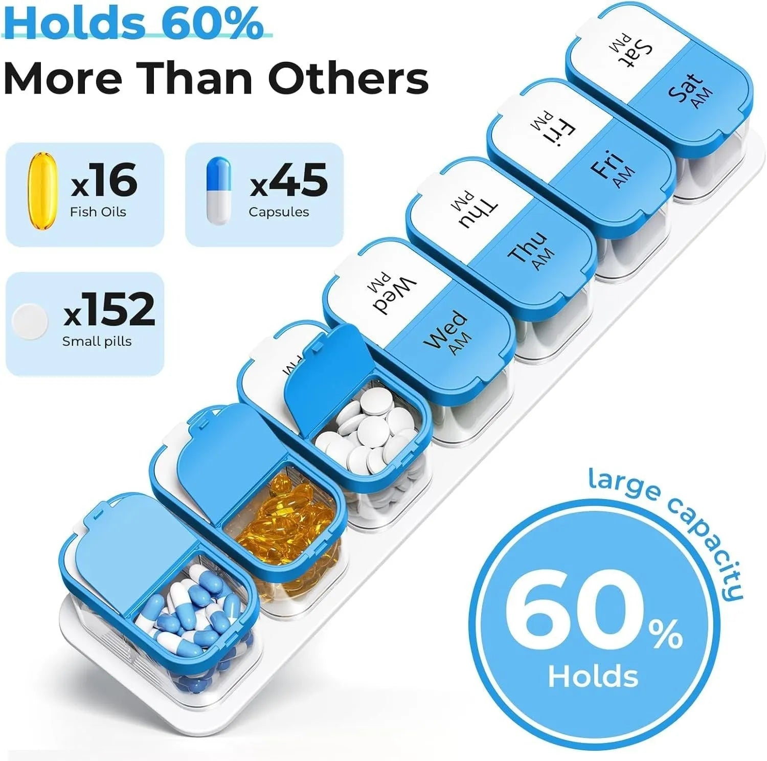 Extra large white and rainbow coloured plastic pill organiser with 14 removable compartments