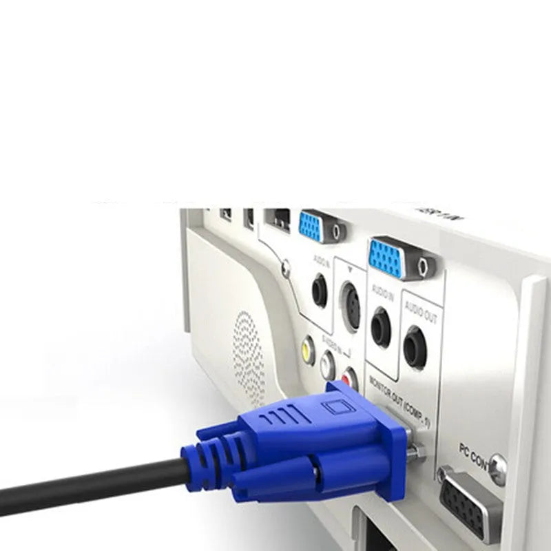 Black VGA cable with blue moulded heads and nickel-plated terminals for computer to monitor connections