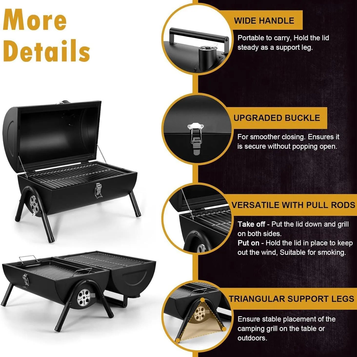 Small folding charcoal barbecue grill stove shown in use on a tabletop.