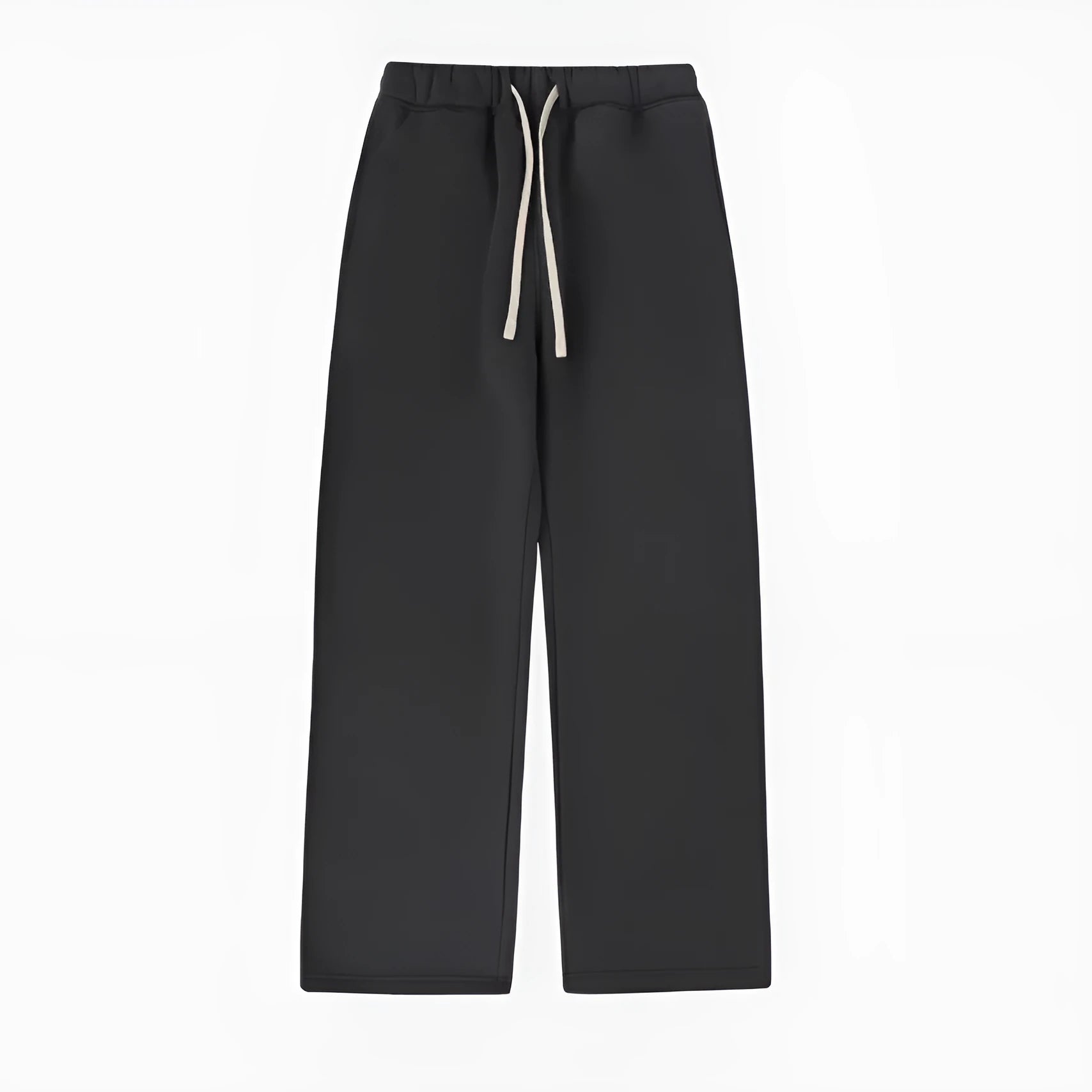 Man wearing loose fit grey fleece-lined sweatpants with an elastic drawstring waist.