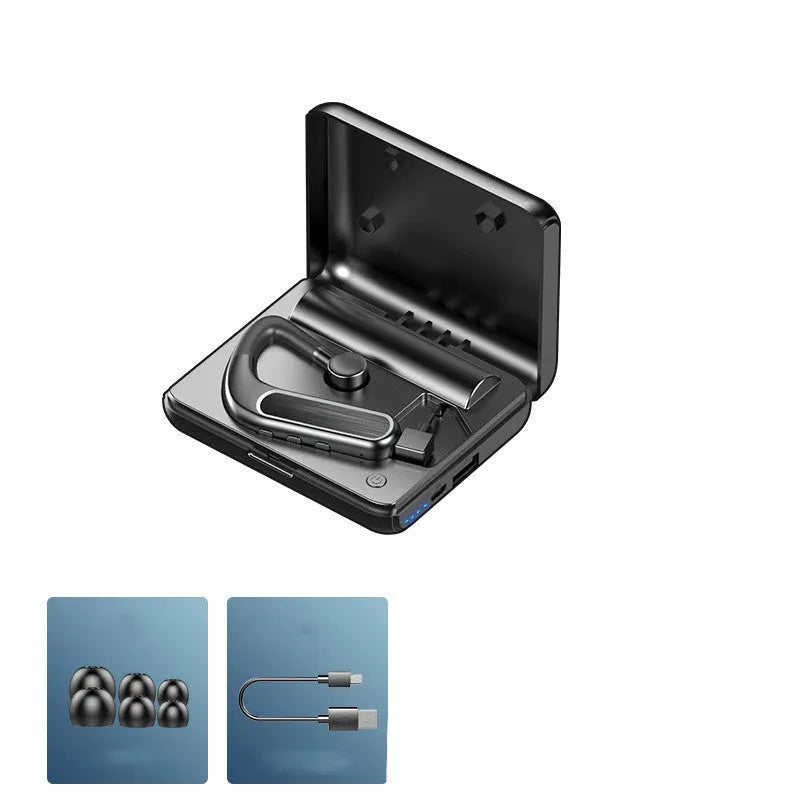 Black Bluetooth earphones with hanging ear design shown with three pairs of ear caps and charging cable