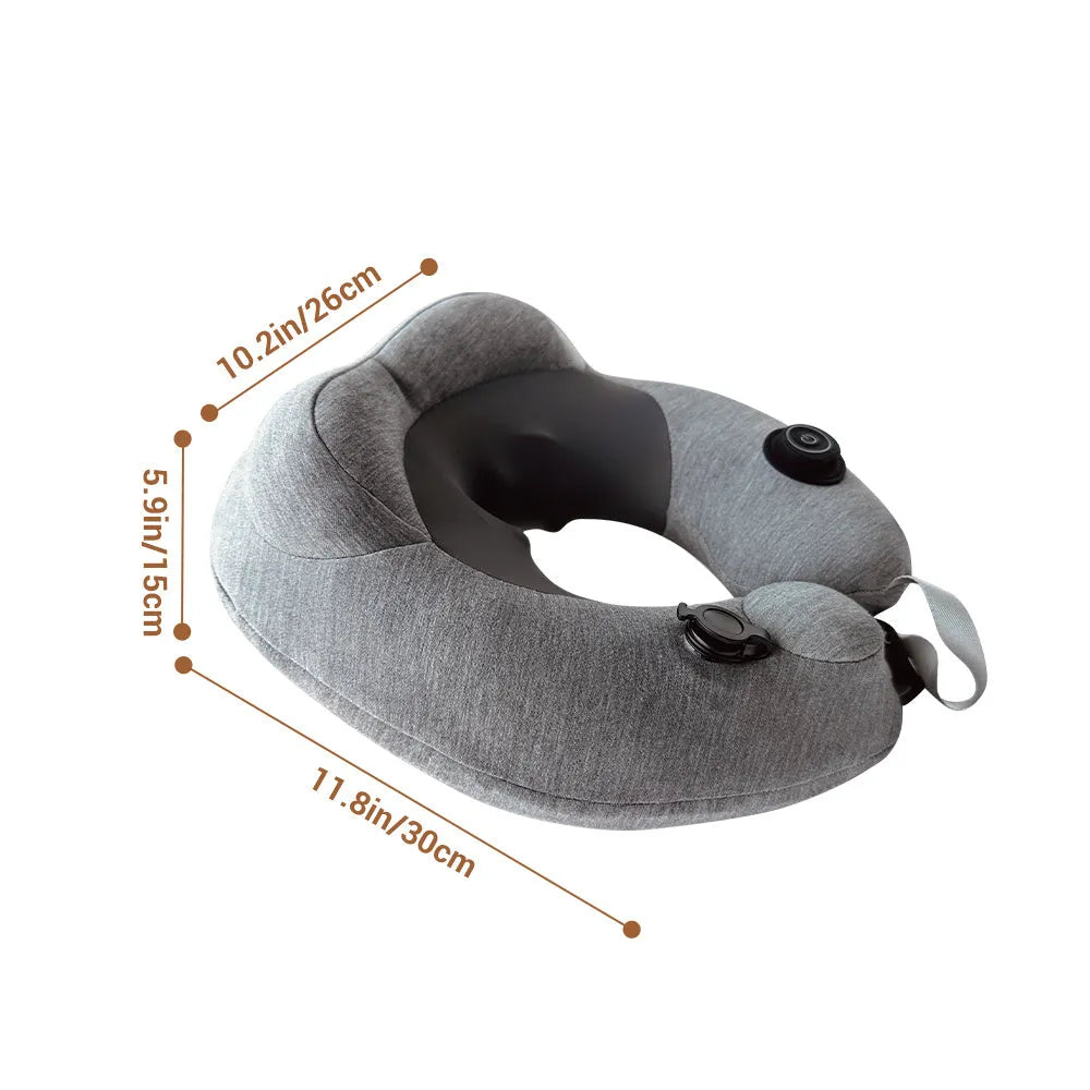 Gray inflatable U shape neck massager pillow with kneading massage modes and travel carry bag