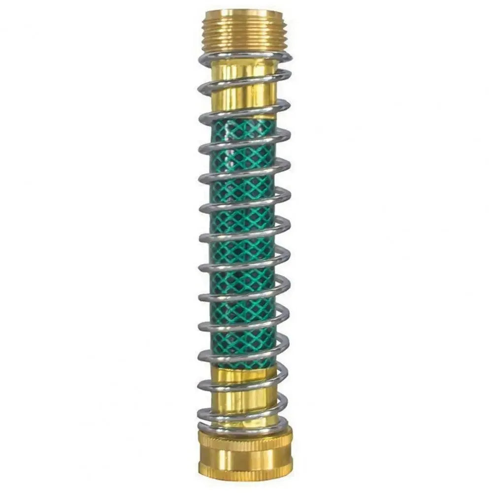Brass garden hose spring connector with spiral mechanism for preventing kinks, 15cm length