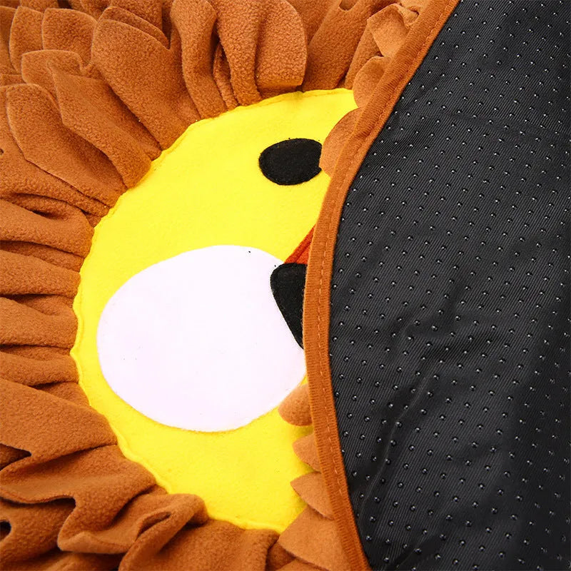 Brown lion-shaped pet sniffing pad with textured surface for hiding treats