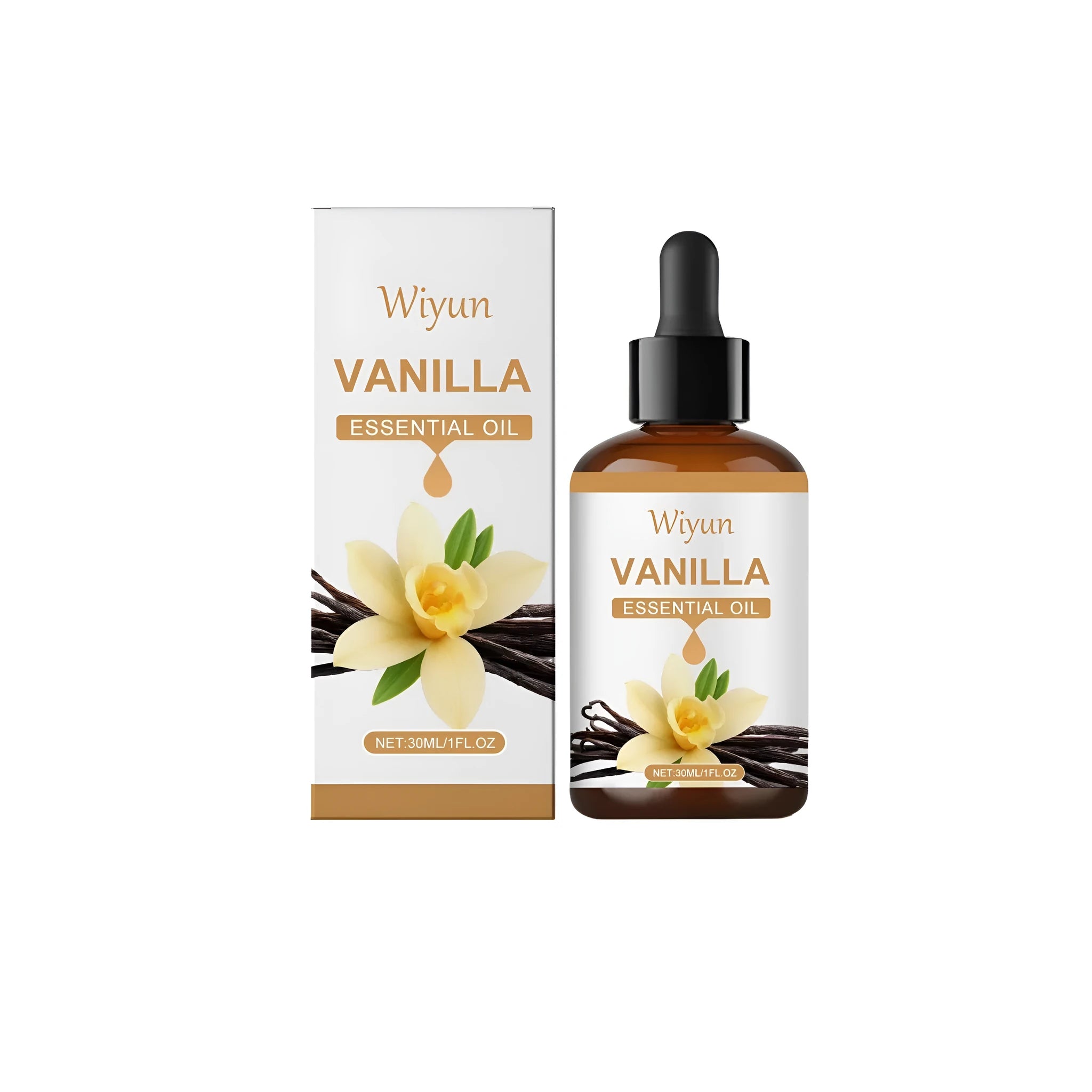 30ml bottle of vanilla flavoured oil with ingredients glycerin, vanilla oil, and vitamin E.