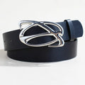 Silver buckle PU leather casual belt showing 105cm length and snap button fastening