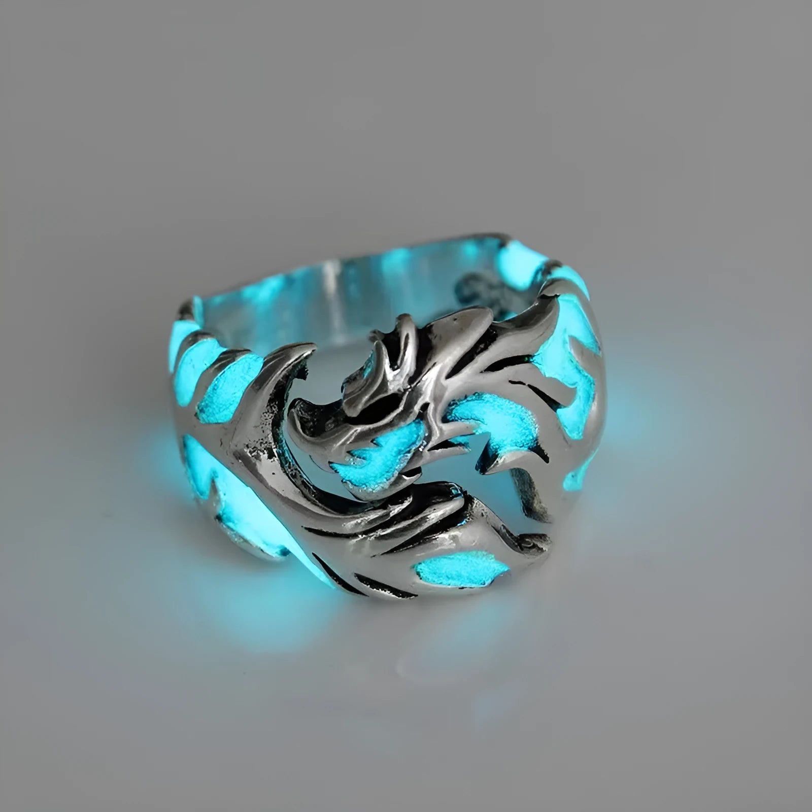 Adjustable Chinese dragon pattern ring in antique silver blue green electroplated colours
