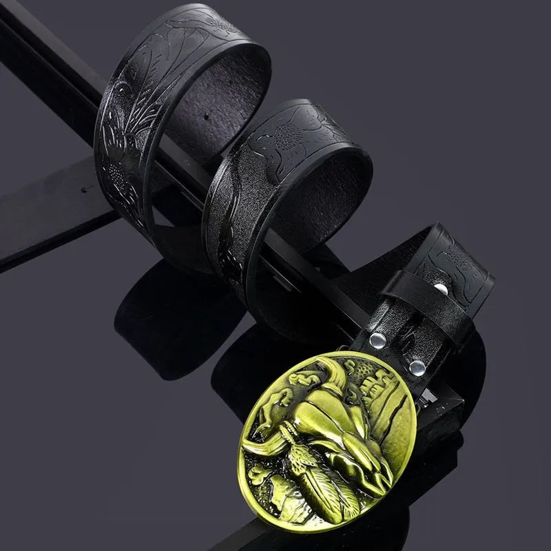 Men's black imitation leather belt with a detailed silver alloy cow head buckle shown fastened.