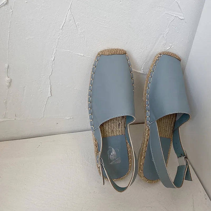 Women's Baotou flat sandals in animal print canvas with superfine fibre lining, shown in yellow colour.