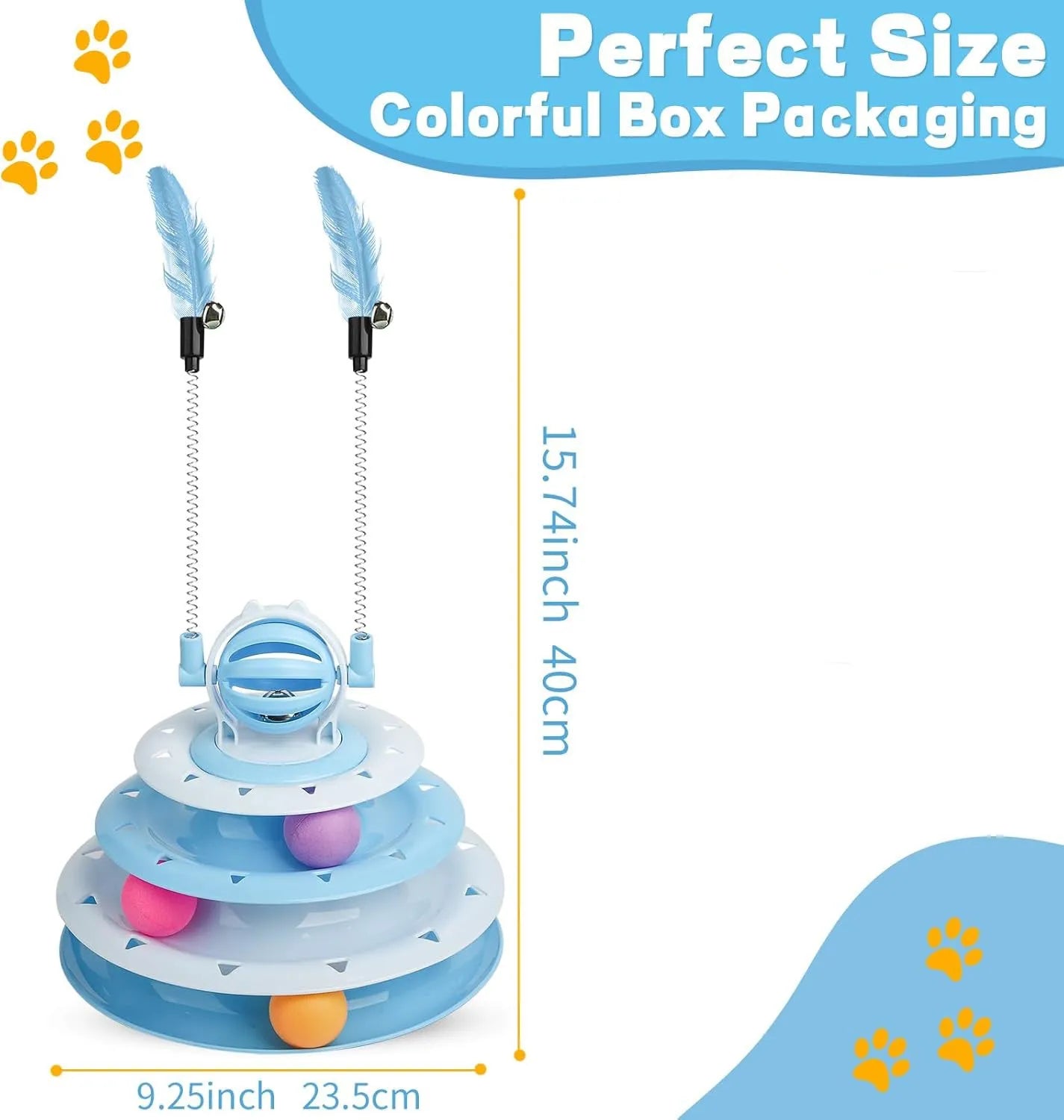 Interactive 4-tier cat puzzle toy with rotating carousel, 6 balls, and teasing rods in blue, green, or pink colours