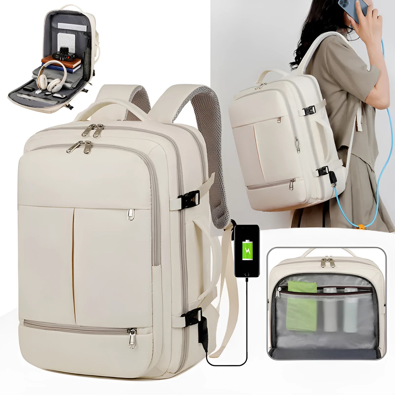 Large waterproof Oxford cloth backpack for 15.6 inch laptops, shown in multiple colours.