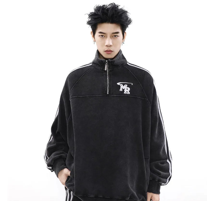 Black American retro stand collar polyester hoodie for men, Hong Kong style, shown in size L.