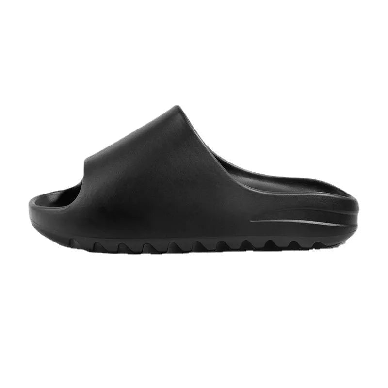 Women's thick-soled beach slippers in beige, black, brown, or green, showing EVA injection moulded construction.