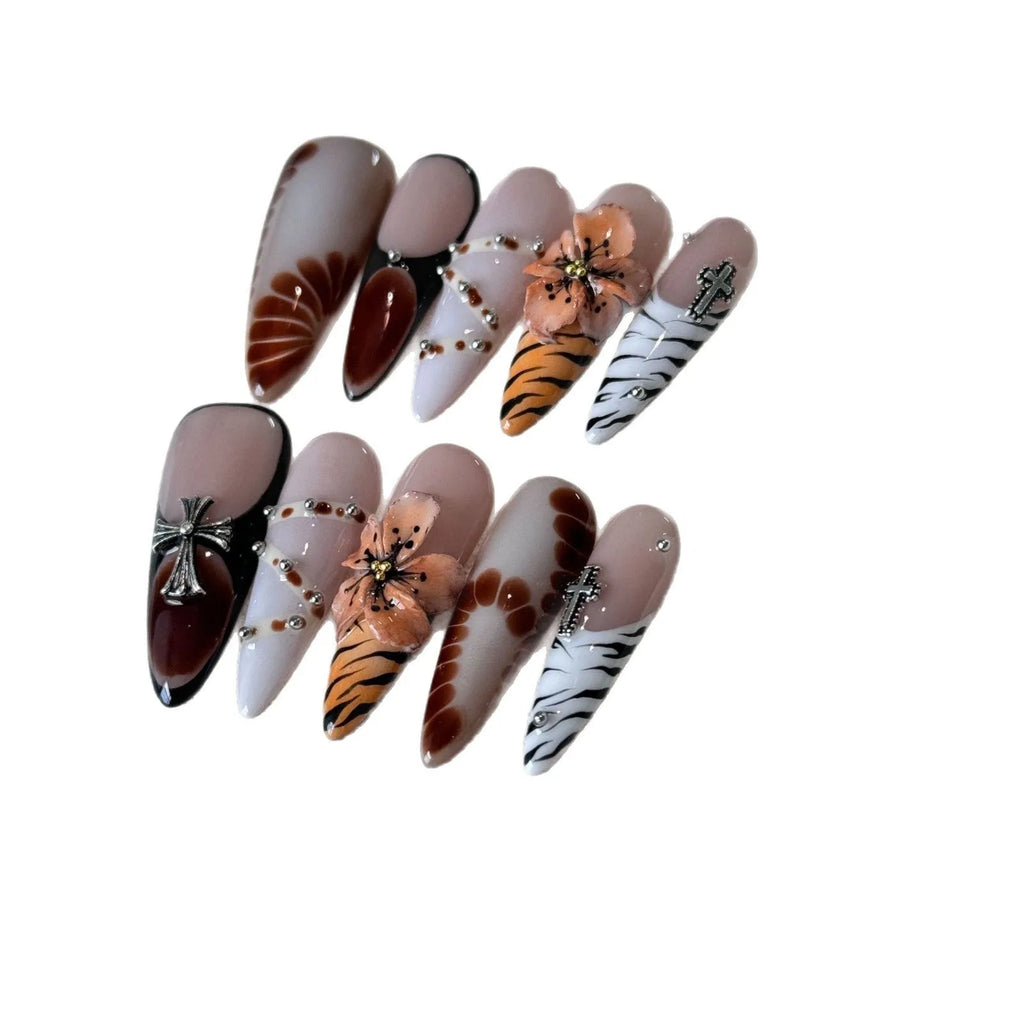 Set of ten French style nail stickers featuring leopard print, cross, and flower patterns in sizes XS, S, M, L.