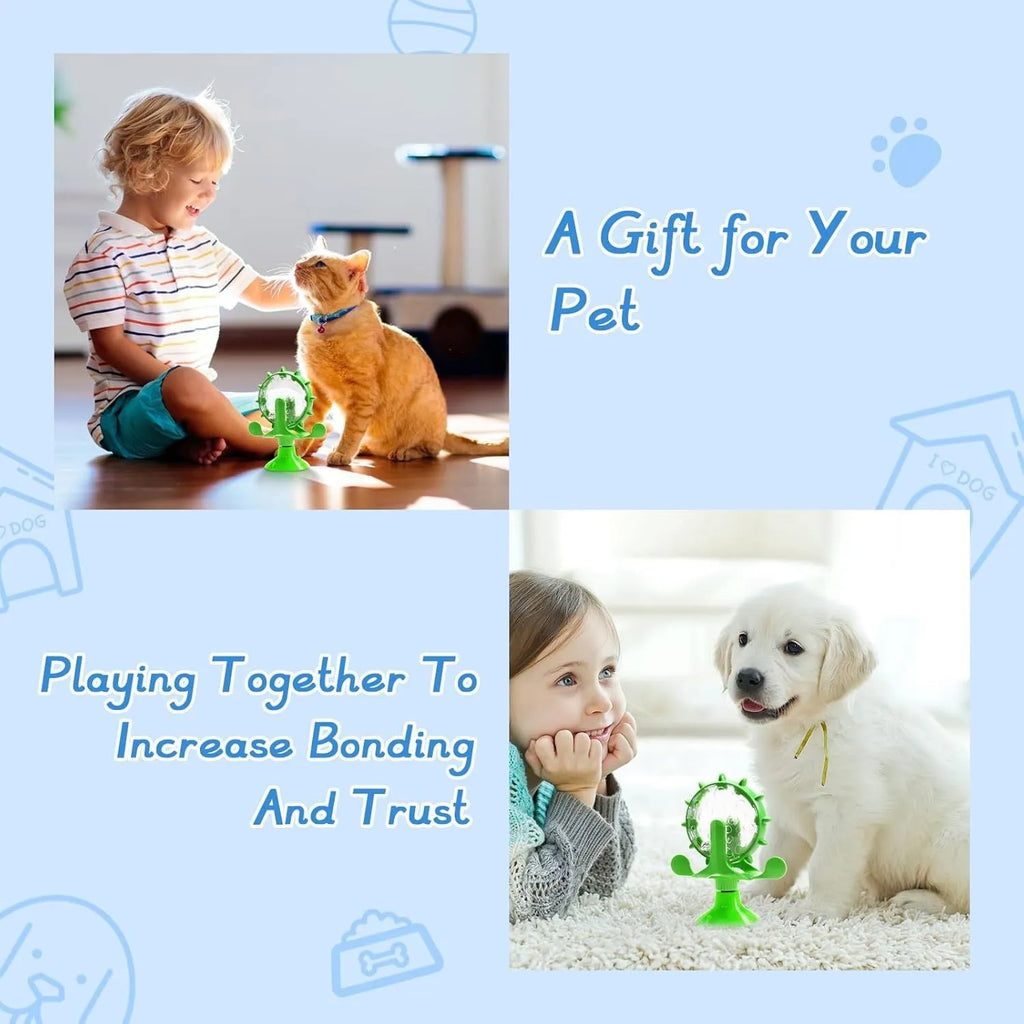 Interactive pet puzzle feeder toy with rotating dispenser in blue, green, red, or yellow colours