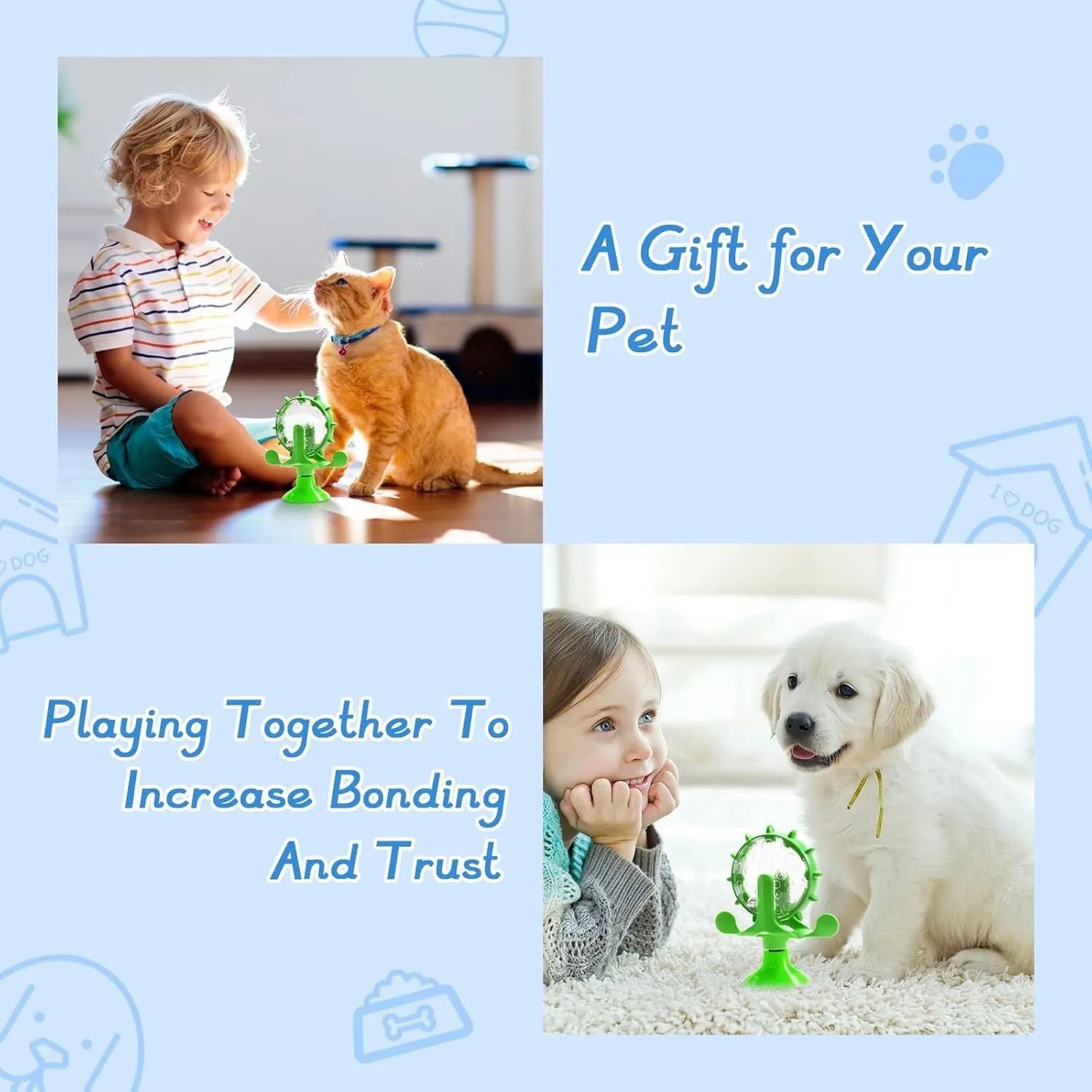 Interactive pet puzzle feeder toy with rotating dispenser in blue, green, red, or yellow colours