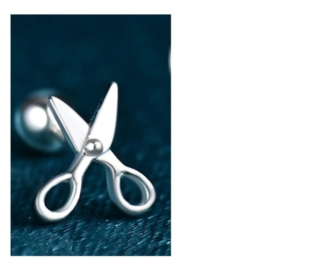 Pure silver ear nail screws with miniature scissor charm and screw-back fastening
