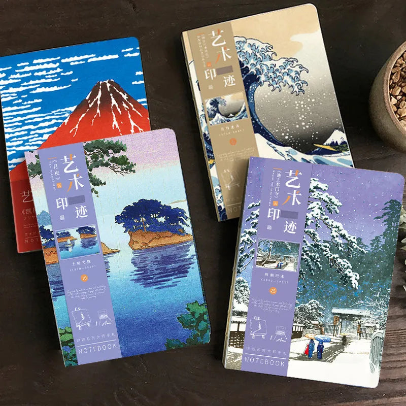 Ukiyo-e series hand ledger notebook showing retro Japanese art cover, open to reveal Daolin paper pages