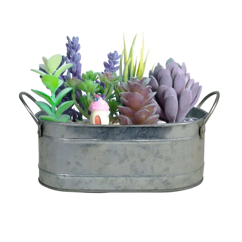 Small iron metal succulent flowerpot on a wooden desktop.