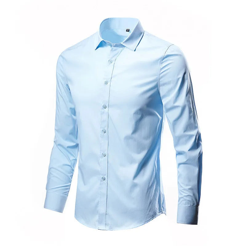 Man wearing a loose-fit long-sleeve linen shirt in a light colour, showing the relaxed silhouette and textured fabric.
