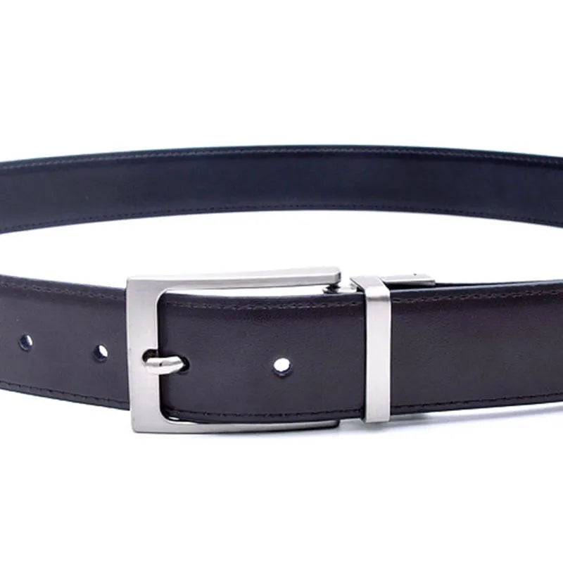 Men's dark brown and black genuine leather belt with a silver rotating pin buckle.