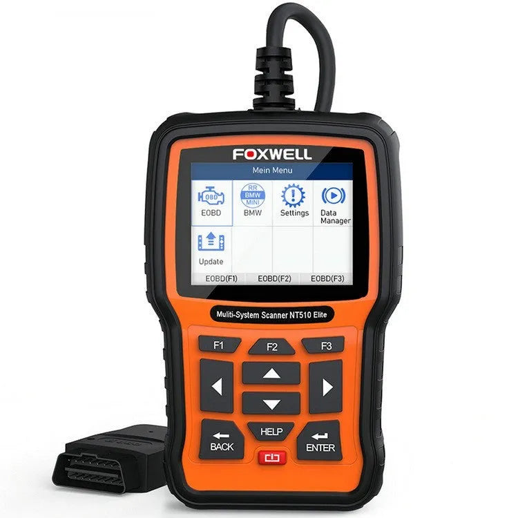 Foxwell NT510 orange and black automotive diagnostic tool with OBD2 cable and large colour screen