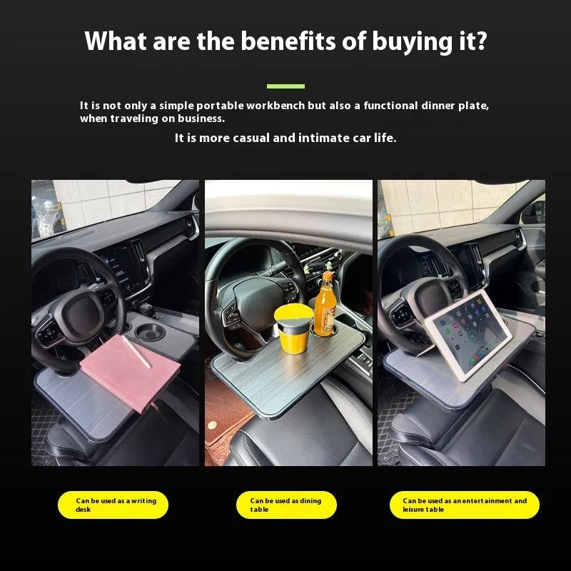 Black foldable car steering wheel laptop stand with integrated cup holder on a car seat.