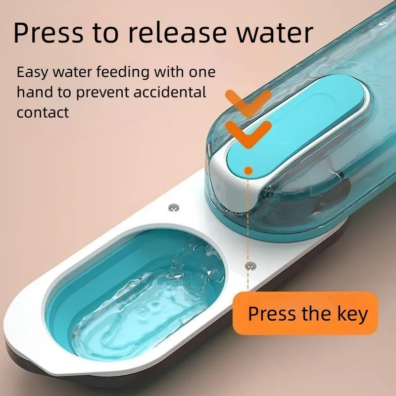 Blue portable dog water bottle with a foldable silicone bowl attached and a carabiner clip.
