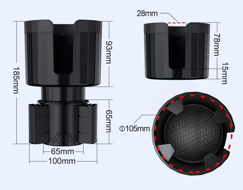 Matte black adjustable car cup holder expander for extra large bottles and travel cups